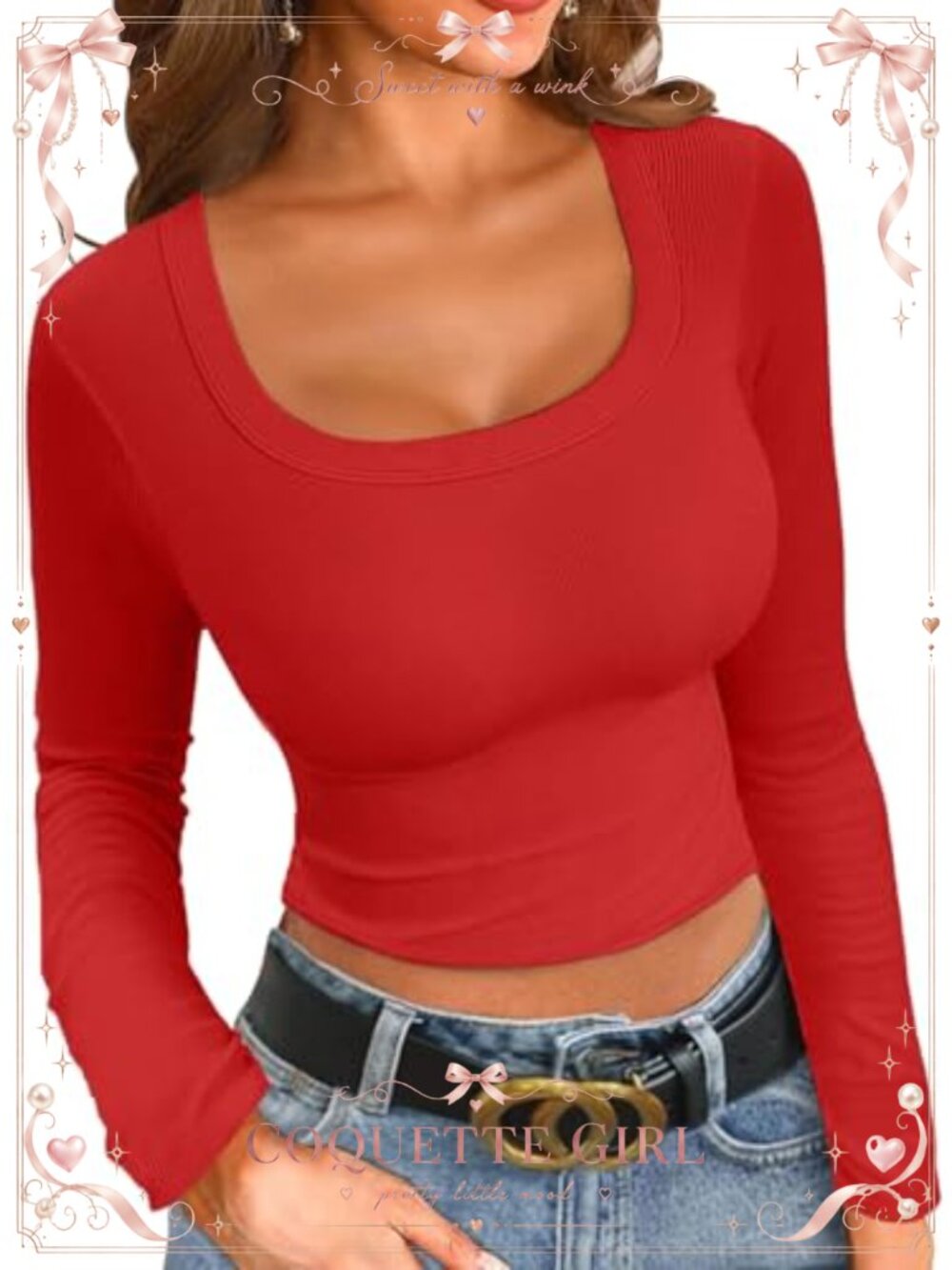 Ribbed Long Sleeve Square Neck Slim Fit Cropped Top